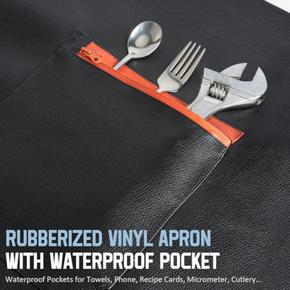 Waterproof Apron, Heavy Duty Extra Long Rubber Vinyl Aprons with Pocket for Men, Adjustable Dishwasher Chemical Resistant Aprons for Dishwashing, Cooking, Butcher, Lab, Gardening