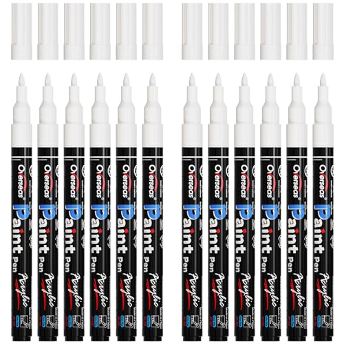 Overseas Paint Markers Pens - White Permanent Markers Acrylic Paint Pens 12 Pack, Water Based, Waterproof, 0.7mm Extra Fine Tip Acrylic Marker for Wood, Metal, Rock, Plastic, Glass, Canvas, Fabric - color: White