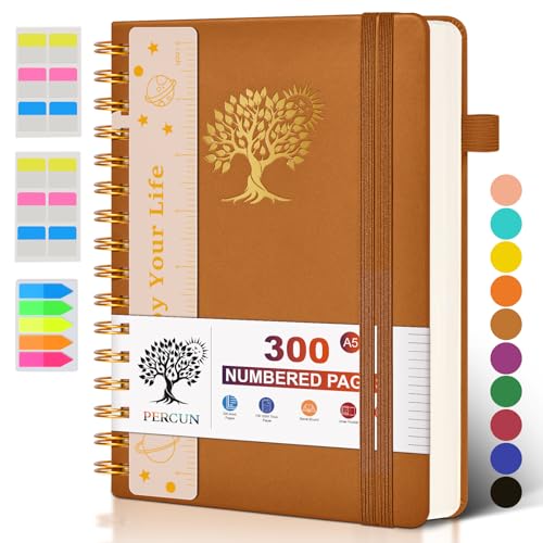 PERCUN Spiral Notebook 300 Numbered Lined Pages Hardcover Journal 5.9"x8.5" | College Ruled Spiral Bound Notebook with Tabs, A5 Leather Journal for Women Men, Work, School, Travel, Writing & Note Taking - color: Brown, size: A5 size (5.9in x 8.5in)