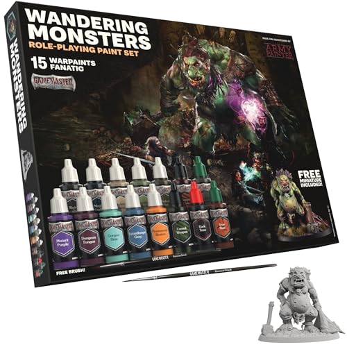 The Army Painter, GameMaster: Wandering Monsters Role-playing Paint Set, 15x18 ml Fanatic Acrylic Paints, incl. Metallics, Wash, Primer, 1 Brush & 1 Free Miniature - For Warhammer & Dnd - color: Wandering Monsters Paint Set