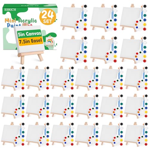 ESRICH 24 Set Mini Acrylic Paint Kit, 5in Mini Stretched Canvas with 7.5in Easel,Acrylic Paint Strips, Paint Palettes, Painting Brushes, Small Canvas and Easel Set for Artists Beginner, Gift - size: 24 set 5 x 5 inches