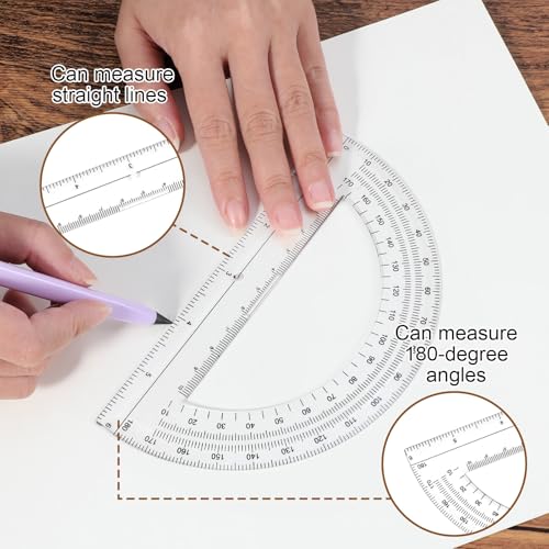 Student Geometry Math Set, 12 Inch/30cm Clear Plastic Ruler, 6 Inch Clear Protractor, Drawing Compass, Ruler Protractor and Compasses Set for School, Office, Classroom, Math Drawing, Drafting, Art