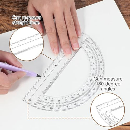 Student Geometry Math Set, 12 Inch/30cm Clear Plastic Ruler, 6 Inch Clear Protractor, Drawing Compass, Ruler Protractor and Compasses Set for School, Office, Classroom, Math Drawing, Drafting, Art