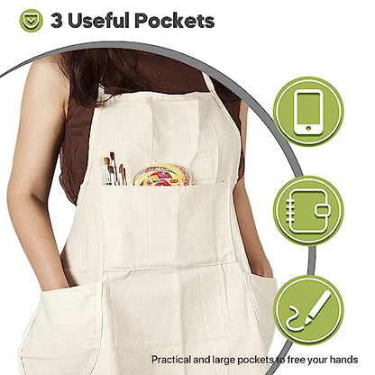 conda 100% Cotton Canvas Professional Bib Apron With 3 Pockets for Women Men Adults,Waterproof,Natural 31inch By 27inch - color: Beige