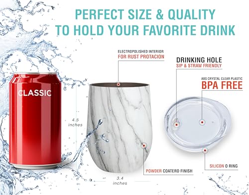 CHILLOUT LIFE 12 oz Stainless Steel Wine Tumbler with Lid - Double Wall Vacuum Insulated Wine Cup Glass Keeping Cold & Hot for Coffee, Champagne, Cocktails, Ice Cream - color: Carrara Marble, style: 1 Pack