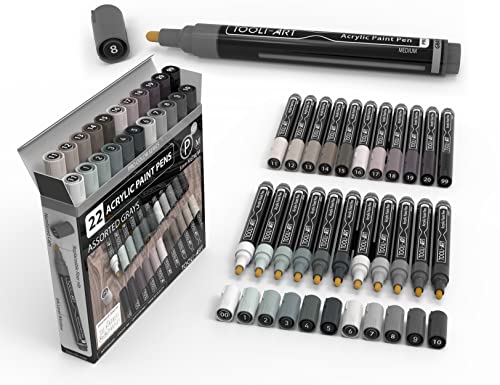 TOOLI-ART 22 Acrylic Paint Markers Paint Pens Pro Color Series Set 3mm Medium Tip for Rock Painting, Glass, Mugs, Wood, Metal, Glass Paint, Canvas, DIY. Non Toxic, Waterbased, Quick Drying (GRAYS) - color: GRAYS