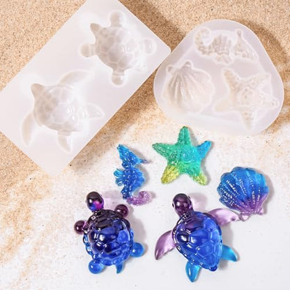Mini Turtle Resin Molds, 7 Cavities Ocean Animal Silicone Mold, Shell Starfish Gypsum Candle Resin Casting Molds, Cute Sea Turtle Shape Epoxy Mold for DIY Craft, Keychain, Micro Landscape Decor