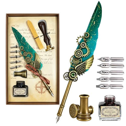 Joyeee Green Quill Pen and Ink Set, including Punk Mechanical Style Feather Pen, Black Ink, Pen Holder, Gift Box, Fancy Writing Pen Calligraphy Kit for Writing Lovers to Creative Hand Lettering - color: Green Feather Pen Set