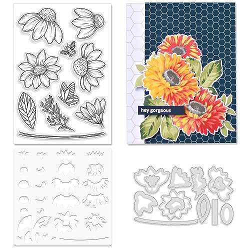 ORIGACH Daisy Flower Stamps and Dies and Layering Coloring Stencil Set, Silicone Stamps Metal Die Cut and Layering Stencil Template with Daisy Pattern for Card Making Scrapbooking DIY Crafting - color: Daisy