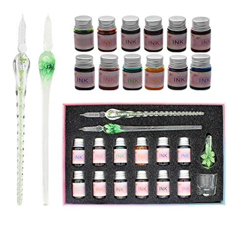 XIAOYU Glass Dip Pen Ink Set, 16 Pieces Calligraphy Pens Set - 12 Colorful Inks, Pen Holder, Cleaning Cup, 2 Crystal Glass Pens for Writing, Signature - Green - color: Green
