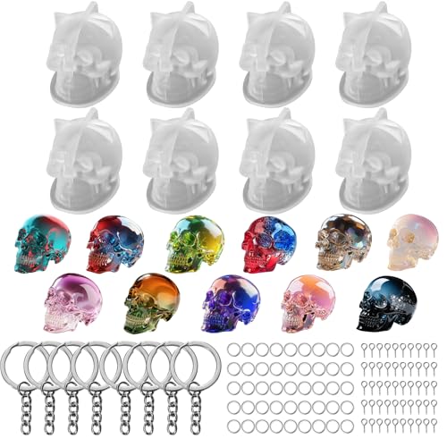 Resin Skull Molds, 8 PCS Flexible Clear Silicone Molds with Key Ring Accessory, 3D Skull Head Molds for Candle Making, Home Decor & Halloween Decoration