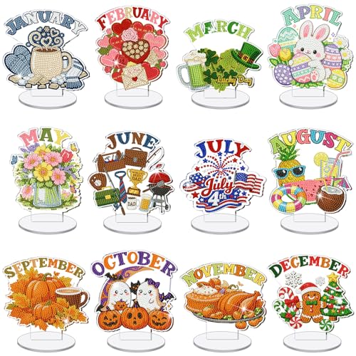 YooNotee 12 Sets Interchangeable Seasonal Diamond Art Tabletop Decorations Holiday Diamond Art Painting Kit with 12 Acrylic Base for Table Tiered Tray Decor Craft Graduation Centerpiece (Calendar) - style: Calendar