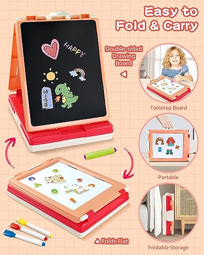 Elovien Foldable Art Easel for Kids, Double Sided with Chalkboard & Magnetic Dry Erase Board, Height Adjustable Desktop Easel, Educational Gift for Girls (Pink) - color: Pink