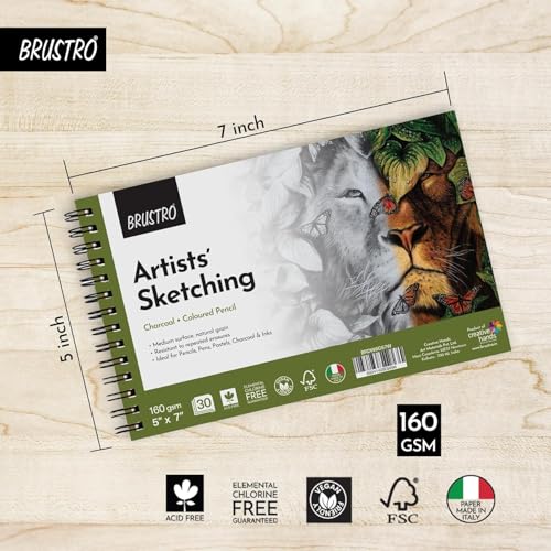 Brustro Sketching Wiro Pad,5x7 inches,160 GSM,30 Sheets with Graphite Pencil Set of 12 (10B–2H) Tin Box. Sketch and Drawing Gift - style: Graphite Pencil + 5x7 Sketchbook