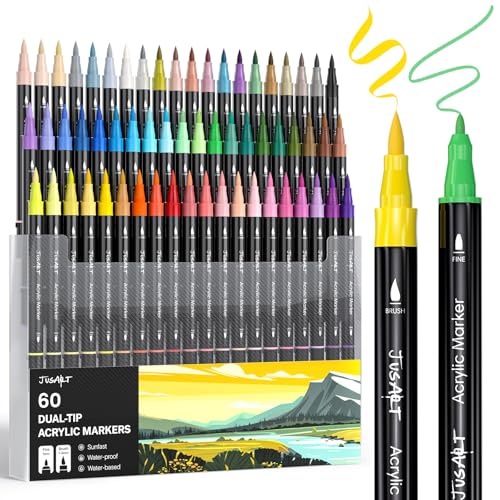 JusArt 60 Colors Dual Tip Acrylic Paint Pens Markers, Brush and Fine Tip, Premium Paint Pens for Wood, Canvas, Egg, Stone, Fabric, Rocks, Metal, Glass, Ceramic, DIY Crafts Making Art Supplies Gifts - color: Black Barrel- 60 Colors