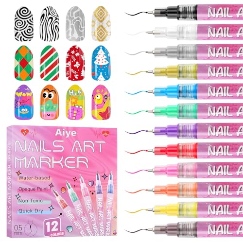 12 Color Nail Art Markers Set, Kalolary Nail Polish Pens Nail Point Graffiti Dotting Pen Drawing Painting Liner Brush for DIY Nail Art Beauty Adorn Manicure Tools - color: Pink 12 color