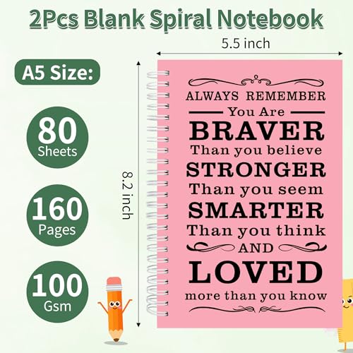 JOHSBYD 2Pcs Blank Spiral Notebook,Inspirational Gifts A5 Hardcover Sketch Book,Art Sketchbook for Drawing, Unlined, Plain Sketch Book for Women Men Work Writing,160 Pages (2, Blank Page Pink) - color: Blank Page Pink