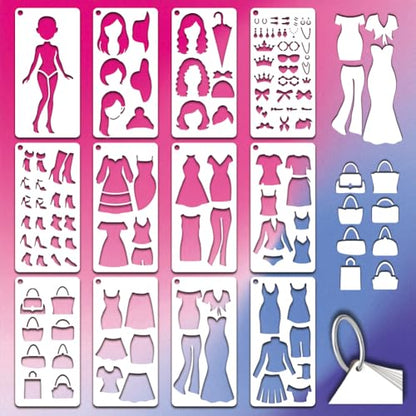 12 Sheets Fashion Cartoon Doll Painting Stencil, 12 Styles DIY Clothing Overlay Drawing Templates Pop Art Fashion Plastic Art Templates for Painting on Wall Wood Home Decor - style: Cartoon Doll