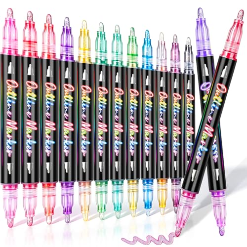 24 Colors Outline Shimmer Markers, 12 Packs Dual Tone Double Line Glitter Markers Pens for Greeting Cards, Outline Glitter Pens Art Supplies for Coloring, Metallic Marker Pen for Scrapbook - color: 24 Colors 12 Packs