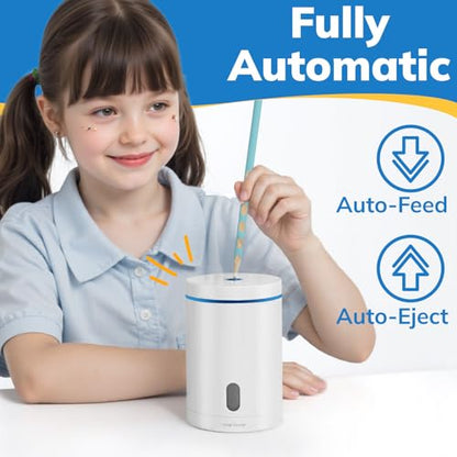 Electric Pencil Sharpener, Fully Automatic Pencil Sharpener with Auto In and Out, Rechargeable and Hands-Free for Standard 6-8mm Pencils, Perfect for Classroom and Home Use (White and Blue) - color: White & Blue