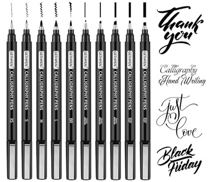 Calligraphy Pen,10 Size Calligraphy Pens for Writing,Calligraphy markers,Brush Pens,Calligraphy Set for Beginners,Black Archival Ink Pens,Hand Lettering Pen for Art Drawing,Sketching,Scrapbooking