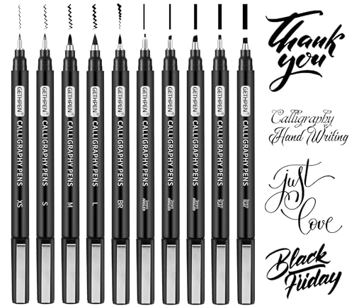 Calligraphy Pen,10 Size Calligraphy Pens for Writing,Calligraphy markers,Brush Pens,Calligraphy Set for Beginners,Black Archival Ink Pens,Hand Lettering Pen for Art Drawing,Sketching,Scrapbooking