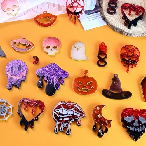 Resin Earring Mold with Hole, 3Pack Halloween Earring Casting Molds | Skull Bat Witch Bat Pumpkin Spooky Ghost Hand Shaped Earring Silicone Mold for Resin Casting Pendant Keychain Jewelry Gift - color: 3 PCS Halloween Resin Molds with Holes