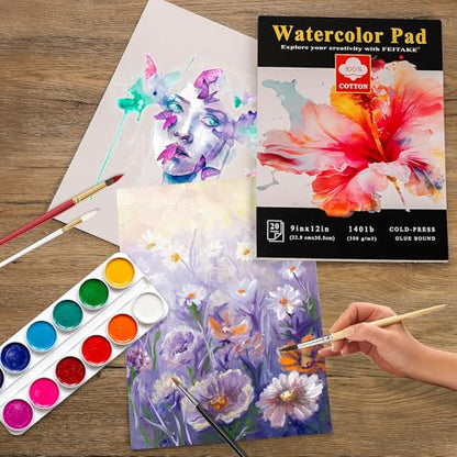 FEITAKE Watercolor Pad 9"x12" Watercolor Paper Sketchbook 100% Cotton/Cold Pressed /140lb (300gsm)/ Acid Free Artist Grade Water Color Art Drawing & Painting Paper -20 Sheets Pack - color: 9x12“ 1 Pad