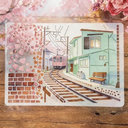 TIAMECH A4 Reusable Railway Train Stencil for Painting | Town House Layering Template, DIY Wall Art, Wood Furniture, Scrapbook & Crafts (8.3x11.7inch) - style: Railway Train