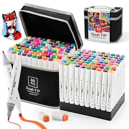 Alcohol Markers Set 80 Colors, Dual Tip Art Markers Alcohol Based, Chisel & Fine Tip Coloring Markers for Adult Coloring Books, Sketching, Drawing, Illustration, Art Supplies - color: 80 colors pens
