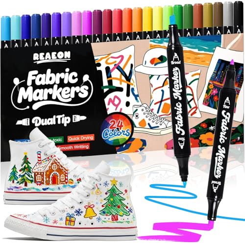 Reaeon Fabric Markers Pen, 24 Colors Dual Tip Fabric & T-Shirt Marker Set, Permanent Fabric Paint Pens for Clothing Canvas Tote Bags and Shoes (Chisel & Fine Tip) - color: 24-Colors