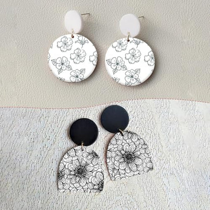 6 Pcs Black Flowers Transfer Paper for Earrings & Polymer Clay, Bloom Blossom Floral Pattern Water Soluble Transfer Sheet for Polymer Clay DIY Art Crafts Jewelry Earrings Making Supplies 5.82X3.9in