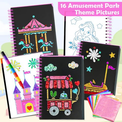FUNNYB&G Foil Art Craft Kit for Girls 4-10 Years Old: Mess-Free & No-Glue, Create 16 Sparkly Amusement Park Pictures – Perfect Travel Toy & Birthday Gift for Kids （Amusement Park） - style: Amusement Park