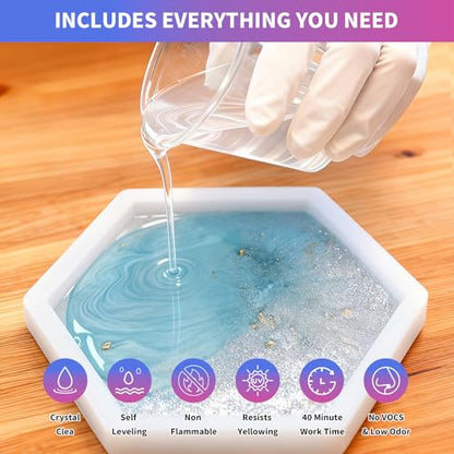 Minlebao Crystal Clear Epoxy Resin Kit 32oz, High Gloss Bubble-Free Coating & Casting for DIY Art, Jewelry Making, River Tables - 1:1 Ratio with Measuring, Silicone Mold and Usage Tools - size: 32OZ