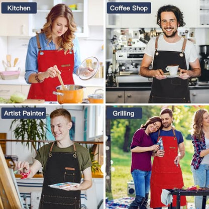 Chef Apron with Cross Back Straps for Men Women, Cotton Canvas Apron for Artists Painting, Kitchen Cooking - color: Black