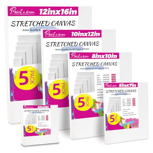 5 Pack Stretched Canvas for Painting, 5 Size 4x4” to 12x16, 100% Cotton with Natural Cottonseed Husk, 5/8" Thick Frame, 12oz Triple-Primed, Warp-Resistant, Ready to Paint for Acrylics, Oils - size: 5Pack-5size canvas