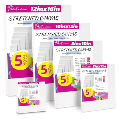 5 Pack Stretched Canvas for Painting, 5 Size 4x4” to 12x16, 100% Cotton with Natural Cottonseed Husk, 5/8" Thick Frame, 12oz Triple-Primed, Warp-Resistant, Ready to Paint for Acrylics, Oils - size: 5PK
