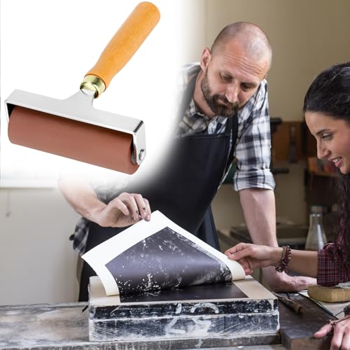 QWORK 4-Inch Soft Rubber Brayer Roller, Brown Solid Ink Roller for Anti-Skid Tape Application, Printmaking, Stamping and Crafting, Heavy Duty Manual Rolling Tool for Even Pressure