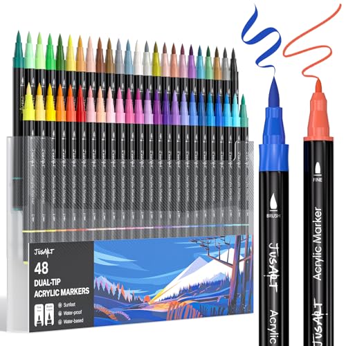 JusArt 48 Colors Dual Tip Acrylic Paint Pens Markers, Brush and Fine Tip, Premium Paint Pens for Wood, Canvas, Egg, Stone, Fabric, Rocks, Metal, Glass, Ceramic, DIY Crafts Making Art Supplies Gifts - color: Black Barrel- 48 Colors