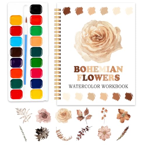 Bohe Flowers Watercolor Workbook, Water Coloring Book, 12 Patterns, 18 Colors Watercolor Paint Set, Boho Floral Watercolor Kit for Beginners, Stress Relief Gifts for Women - color: bohemian flowers