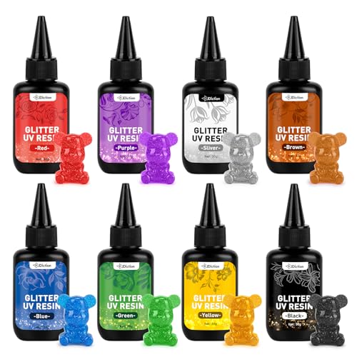 JDiction Glitter Colored UV Resin, 8 Colors Metallic UV Resin with Sparkling Effect, Hard Glitter Resins Kit for Jewelry Making, Colored Casting and Coating, Crafts and Decoration