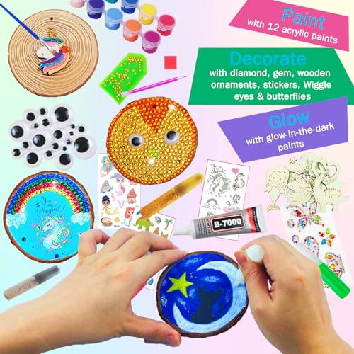 KIRKOTOY Wooden Crafts Kit for Kids-Glow in The Dark-Arts & Crafts Gifts for Boys Girls Age 6-12, 24 Wood Slices with Painting Craft Activities Kits, Creative Art Toys for 6 7 8 9 10 11 12 Year Old