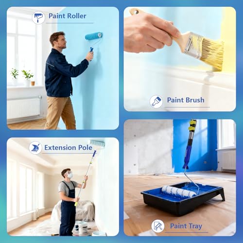 Paint Roller Kit with 2 to 4 FT Extension Pole for House Painting - Completed Home Painting Set with 9″ & 4″ Paint Roller Covers, Tray, Paint Brushes and Accessories