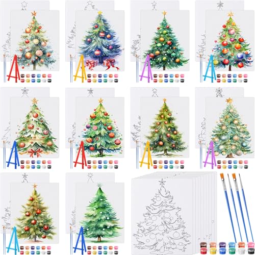 Blosssound 10 Set Pre Printed Canvas Pre Drawn Canvas Painting with Easel Kits 5" x 7" Outline Painting Panels for Beginners, DIY Craft Project, Party Favor, Home Decors (Christmas Tree) - style: Christmas Tree