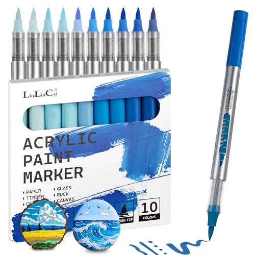 10 Pcs Blue Tone Acrylic Paint Markers, Brush Tip Acrylic Paint Pens for Sky & Sea, Water-Based Blue Markers for Rock, Wood, Canvas, Glass, Stone, Fabric, Coloring Book, DIY Crafts, No Bleeding - color: 10 Blue