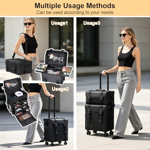 BEAUTY CASE 2 in 1 Rolling Makeup Case, Cosmetology Case on Wheels, Large Capacity Professional Makeup Bag with 8 Detachable Drawers for Makeup Artist & Hairstylist, Waterproof Oxford Fabric, Black