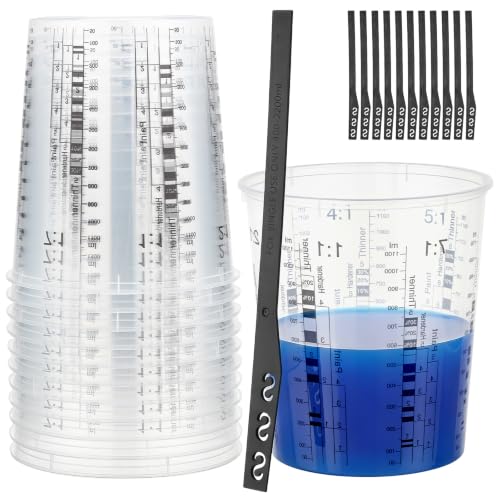 Gartful 12 Pack 37oz Clear Plastic Measuring Cups with 12 Stir Sticks, Disposable Graduated Mixing Cups with ml Scale & 3-Column Paint/Hardener/Thinner Mixing Ratios (1:1-7:1) for Epoxy Resin, Paint - size: 37oz / 1100ml - 12 Set