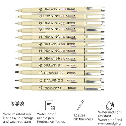 Micro Fineliner Drawing Art Pens: 12 Black Fine Line Waterproof Ink Set Artist Supplies Archival Inking Markers Pigment Liner Point Journaling Sketch Outline Watercolor Technical