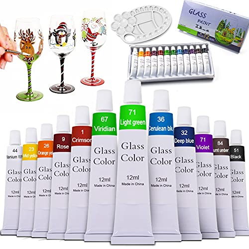 Happlee Artist-Grade Acrylic Glass Paint Stained Transparent Glass Window Paint Set Great for Glass Painting Wine Glasses Light Bulbs Ceramic Non-Toxic Waterproof Acrylic Enamel Paint Kit for Christmas Art Decor(12 Colors/5.04Oz)
