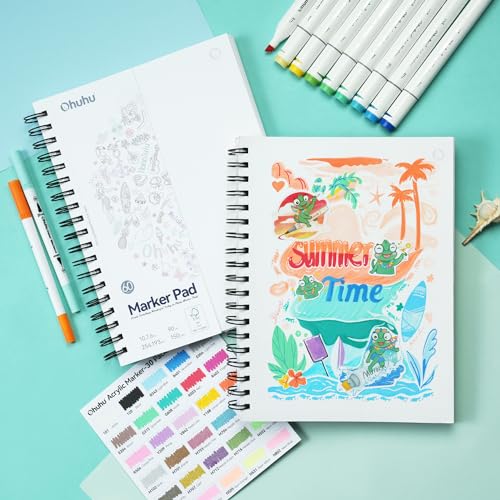 Ohuhu Double Sided Marker Pads Art Sketchbook Bleedproof - 10x7.6 Spiral Bound Type + 9x12 Glue Bound Type Set, Total 2psc Marker Pads